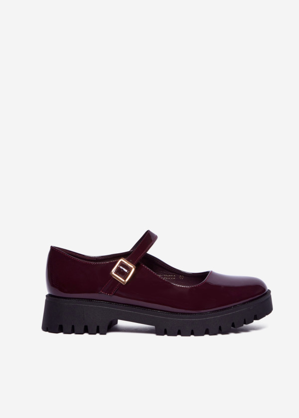 Wine Patent Chunky Mary Jane Flats with Buckle Strap 3