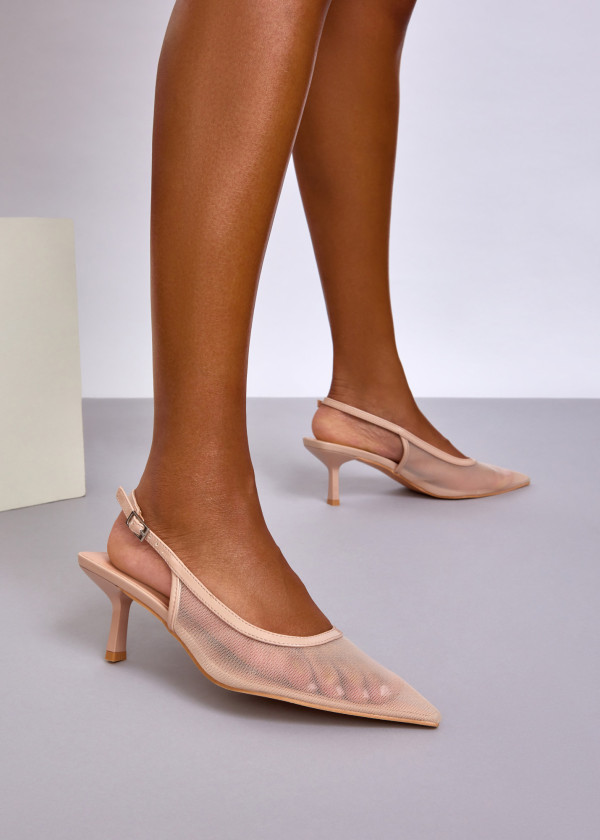 Nude Mesh Slingback Kitten Heels