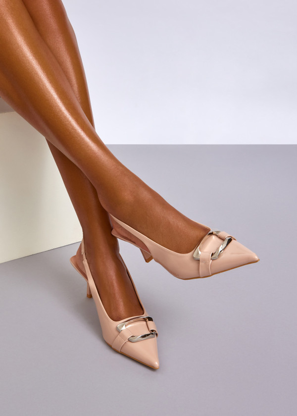 Nude Patent Slingback Kitten Heels with Buckle Detail 2