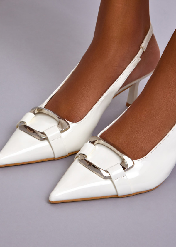 White Patent Slingback Kitten Heels with Buckle Detail 1