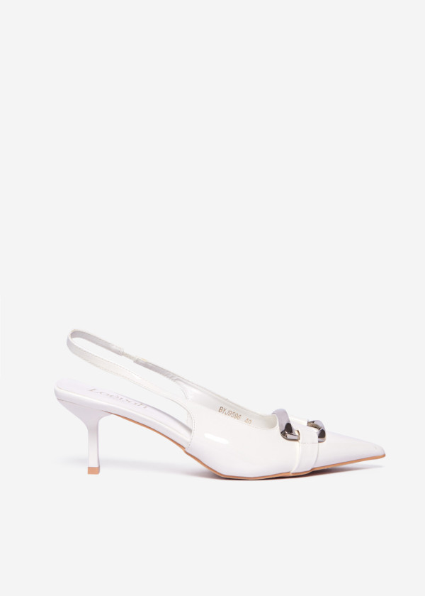 White Patent Slingback Kitten Heels with Buckle Detail 3