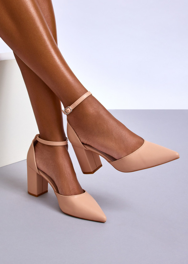 Beige Block Heel Ankle Strap Court Shoes 1