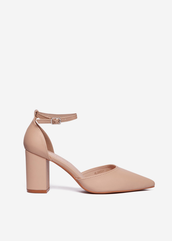 Beige Block Heel Ankle Strap Court Shoes 3