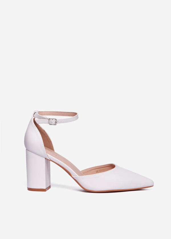 White Block Heel Ankle Strap Court Shoes 3