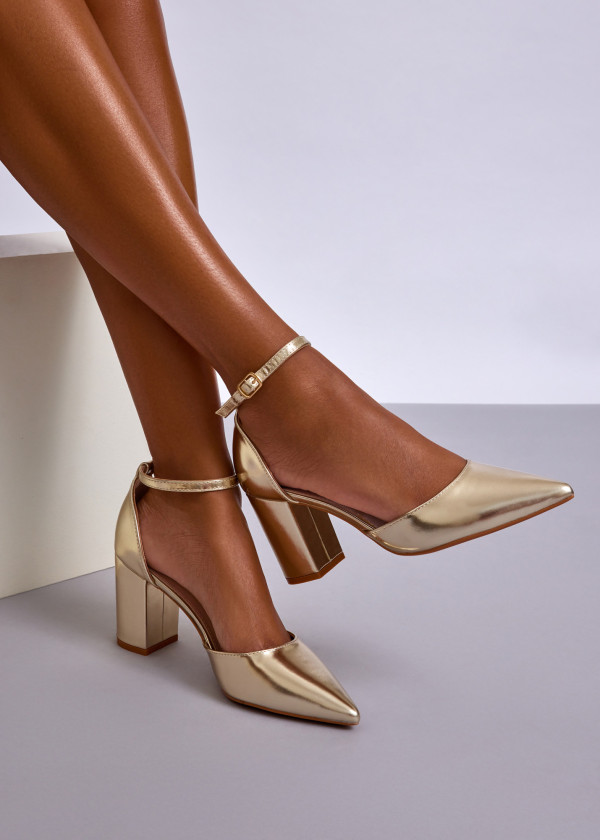 Gold Block Heel Ankle Strap Court Shoes 1