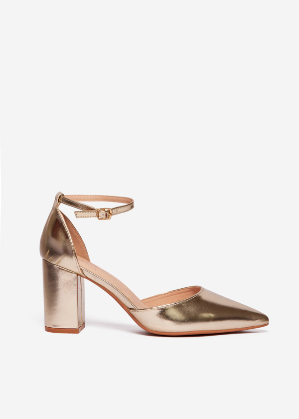 Gold Block Heel Ankle Strap Court Shoes 3