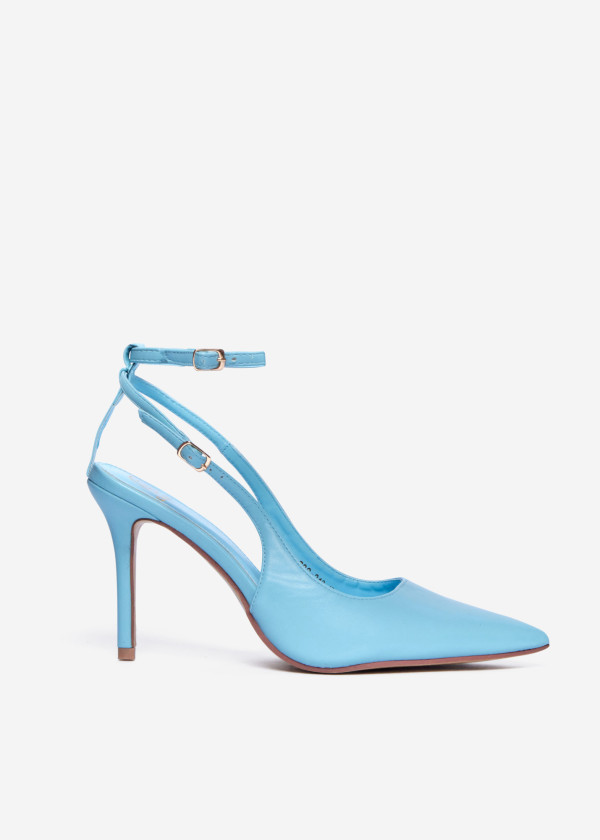 Blue Pointed Toe Slingback Heels with Ankle Strap 3