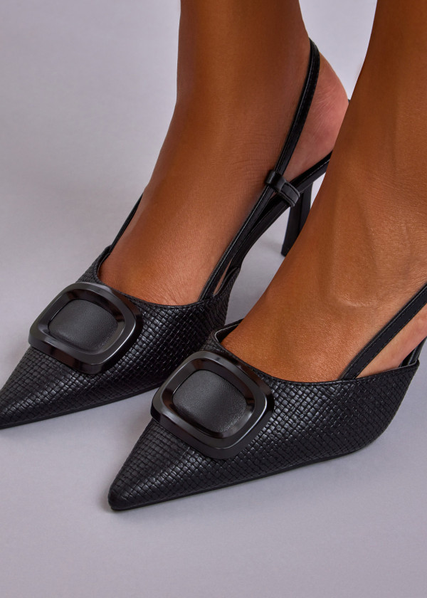 Black Textured Slingback Heels with Buckle Detail 2
