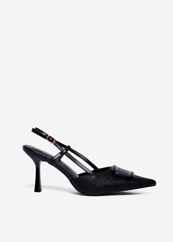 Black Textured Slingback Heels with Buckle Detail 3