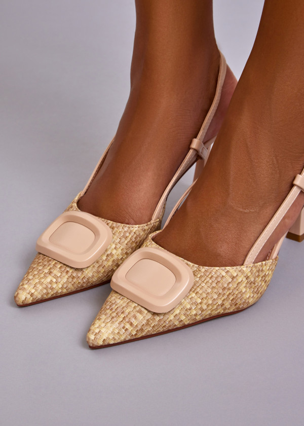 Beige Textured Slingback Heels with Buckle Detail 2