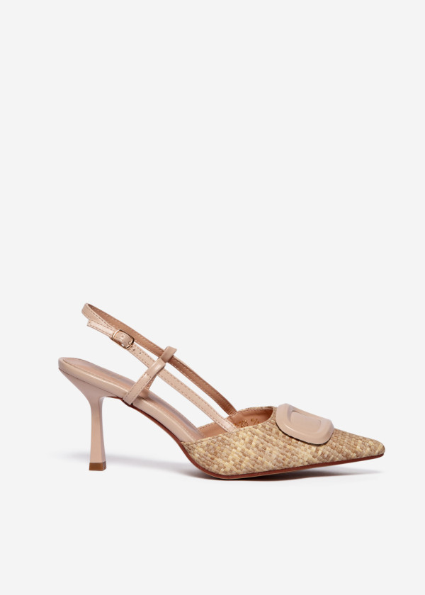 Beige Textured Slingback Heels with Buckle Detail 3