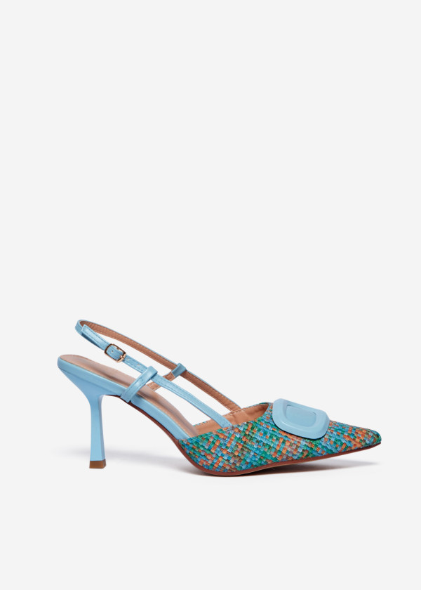Blue Textured Slingback Heels with Buckle Detail 3