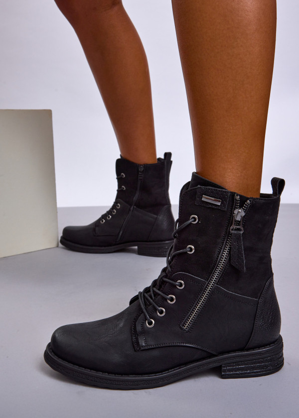 Black Lace-Up Combat Boots with Side Zipper