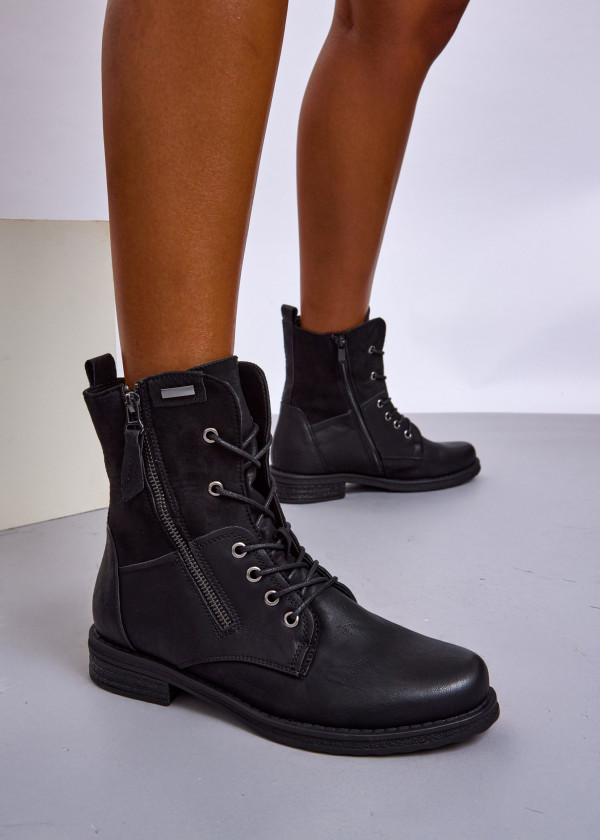Black Lace-Up Combat Boots with Side Zipper 1