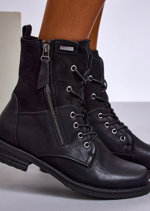 Black Lace-Up Combat Boots with Side Zipper 2