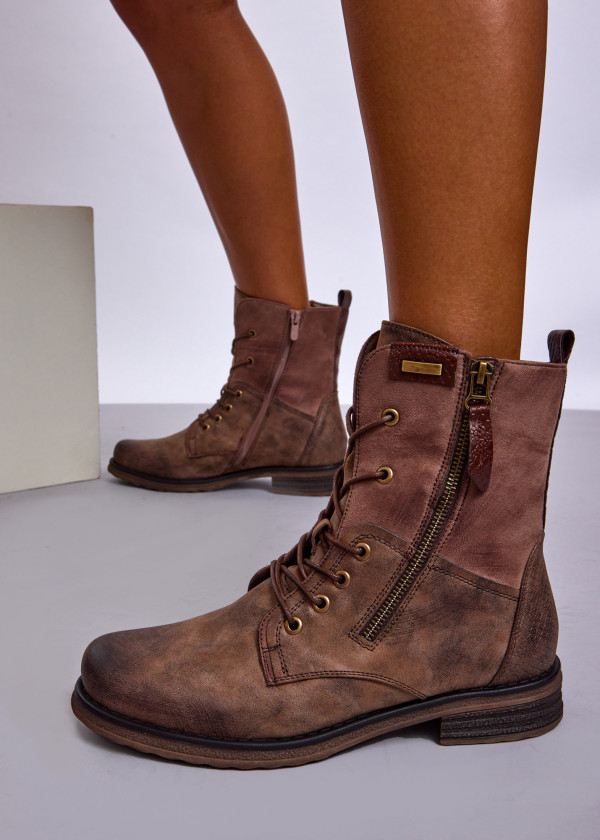 Khaki Lace-Up Combat Boots with Side Zipper 4