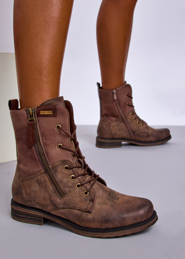Khaki Lace-Up Combat Boots with Side Zipper 1