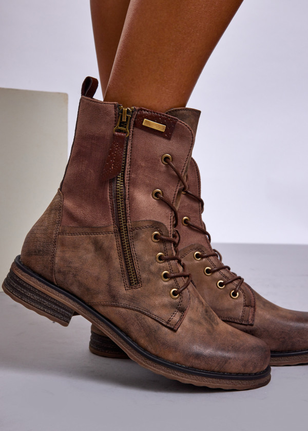 Khaki Lace-Up Combat Boots with Side Zipper 2