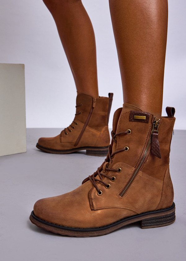 Tan Lace-Up Combat Boots with Side Zipper 4