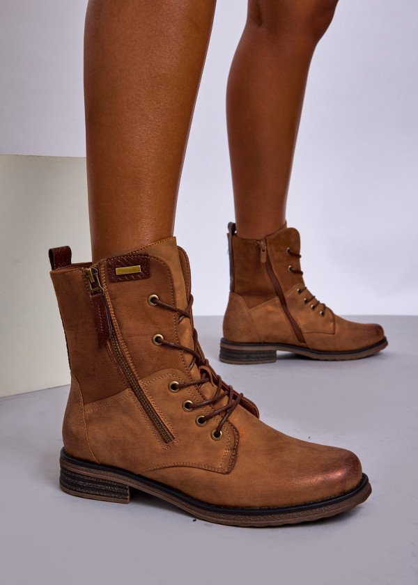 Tan Lace-Up Combat Boots with Side Zipper 1