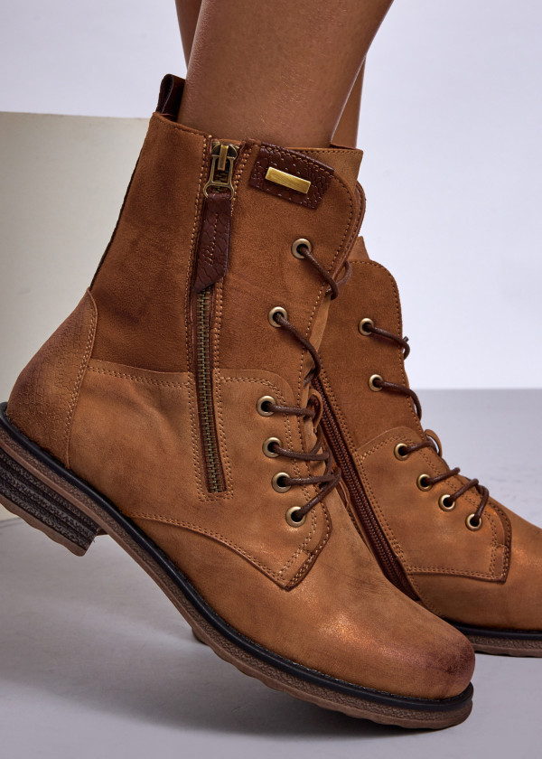 Tan Lace-Up Combat Boots with Side Zipper 2