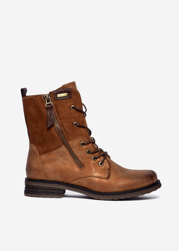 Tan Lace-Up Combat Boots with Side Zipper 3