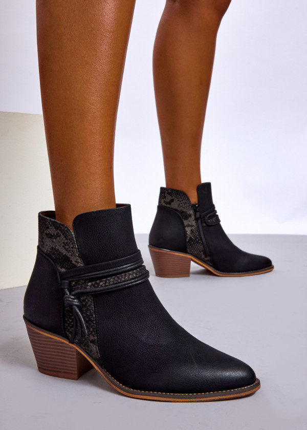 Black Western Ankle Boots with Snake Print Detail