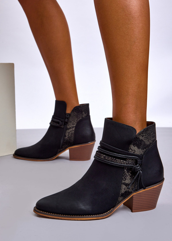 Black Western Ankle Boots with Snake Print Detail 1