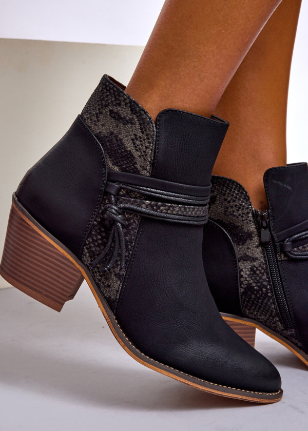 Black Western Ankle Boots with Snake Print Detail 2