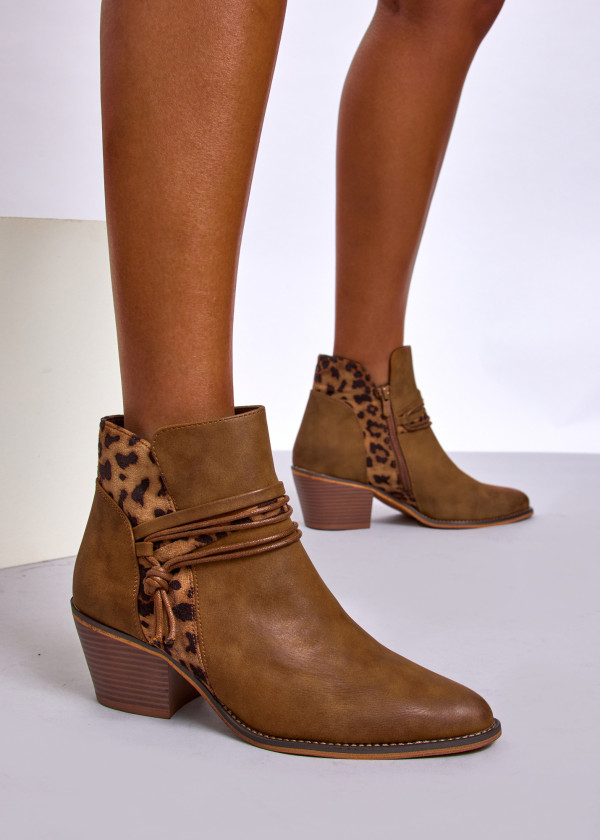 Tan Western Ankle Boots with Leopard Print Detail