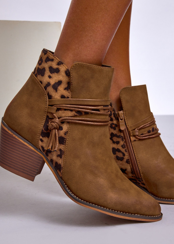 Tan Western Ankle Boots with Leopard Print Detail 2