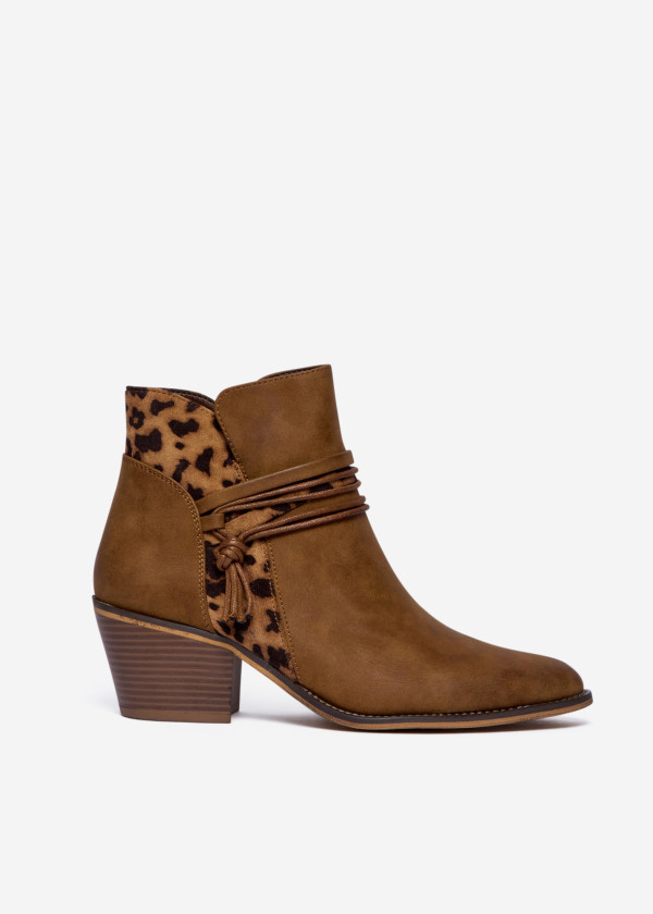 Tan Western Ankle Boots with Leopard Print Detail 3