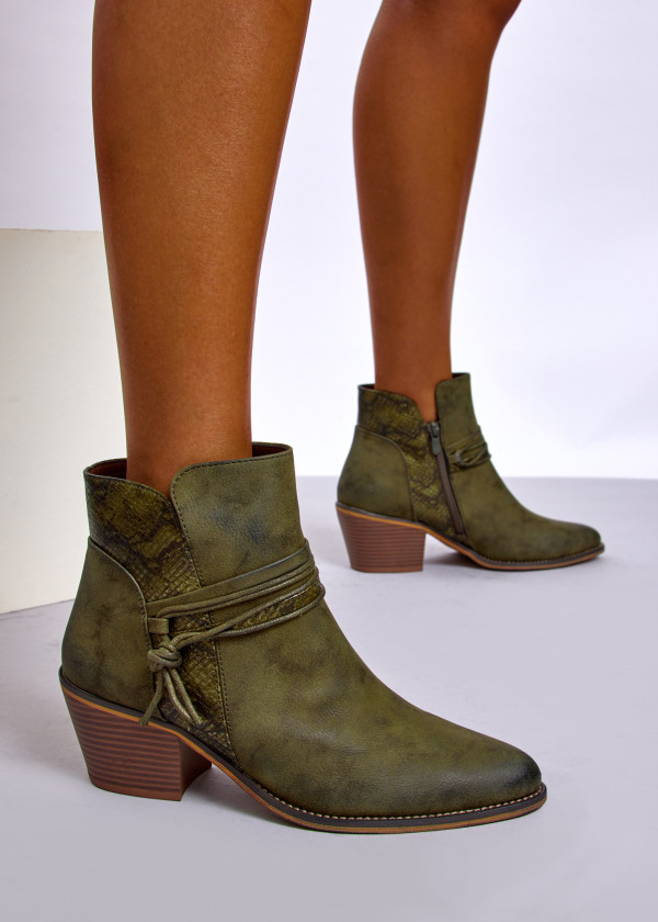 Green Western Ankle Boots with Snake Print Detail