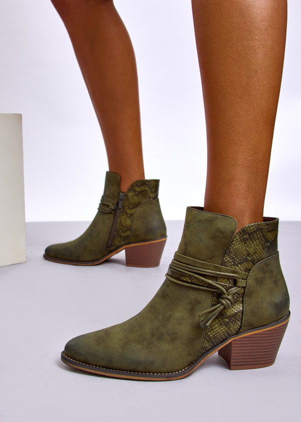 Green Western Ankle Boots with Snake Print Detail 1
