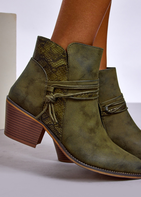 Green Western Ankle Boots with Snake Print Detail 2