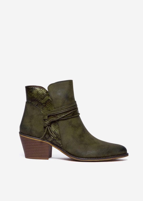 Green Western Ankle Boots with Snake Print Detail 3