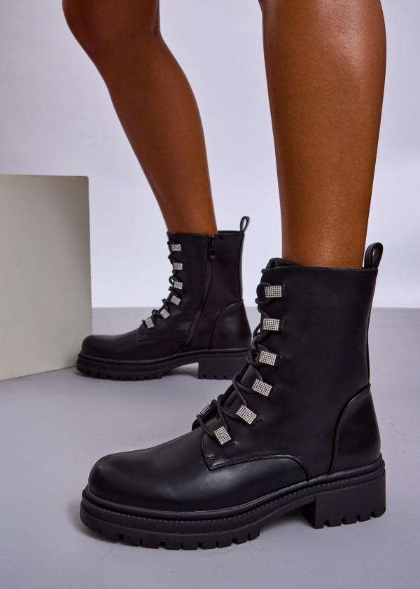 Black Lace-Up Combat Boots with Rhinestone Eyelets