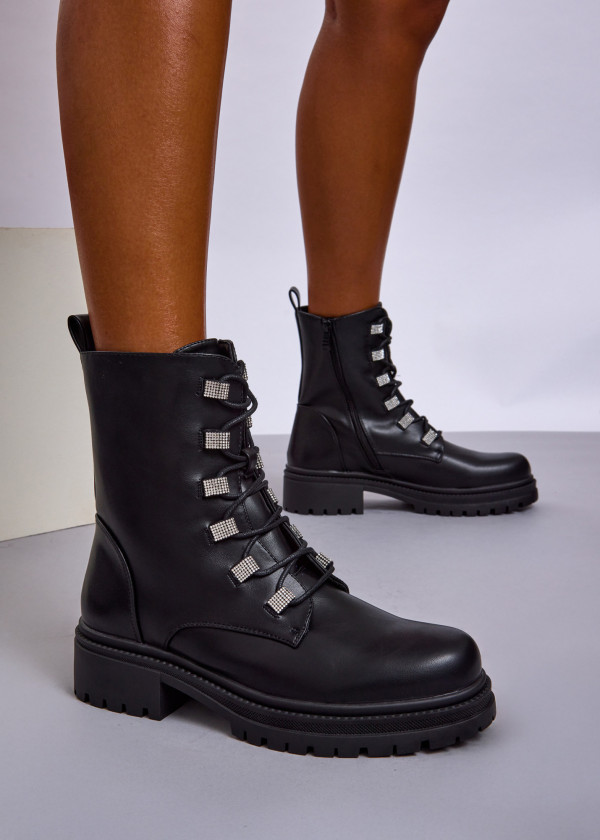 Black Lace-Up Combat Boots with Rhinestone Eyelets 1