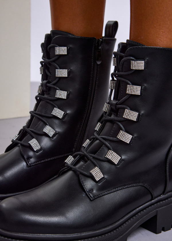 Black Lace-Up Combat Boots with Rhinestone Eyelets 2