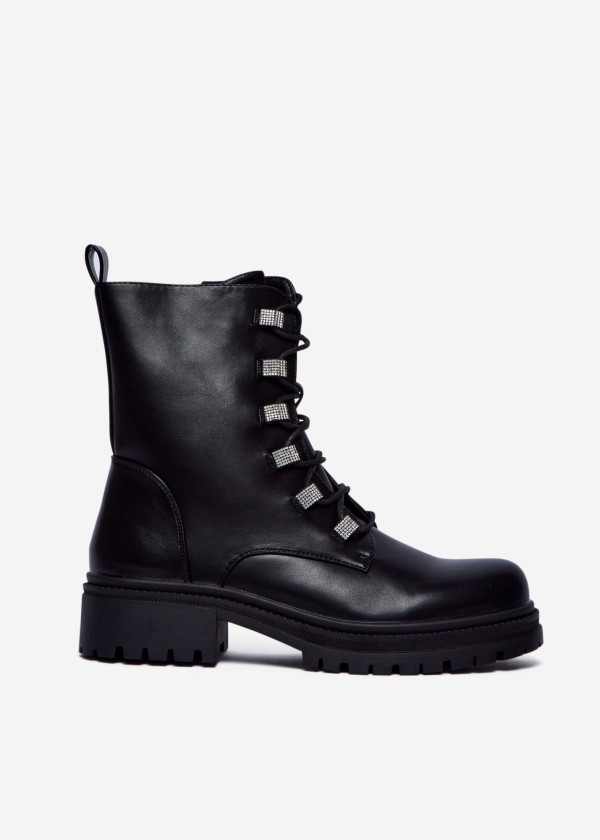 Black Lace-Up Combat Boots with Rhinestone Eyelets 3