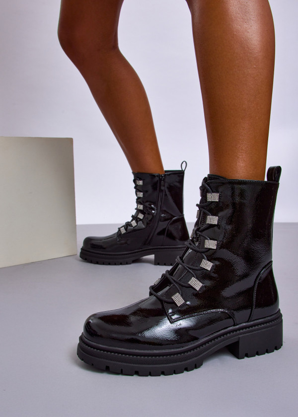 Black Patent Lace-Up Combat Boots with Rhinestone Eyelets 1