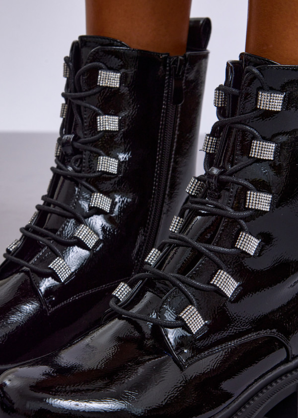 Black Patent Lace-Up Combat Boots with Rhinestone Eyelets 2