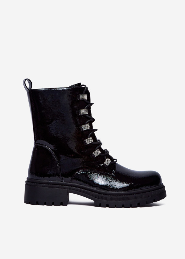 Black Patent Lace-Up Combat Boots with Rhinestone Eyelets 3