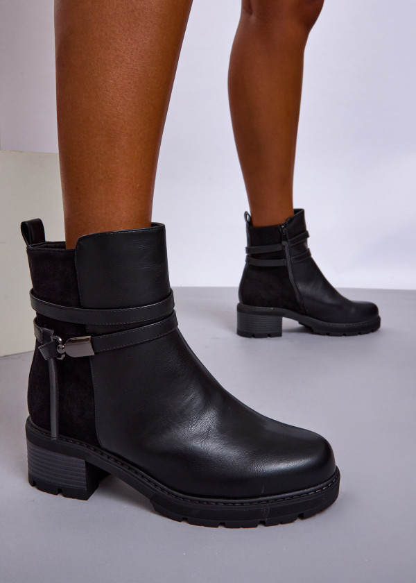 Black Block Heel Ankle Boots with Strap Detail