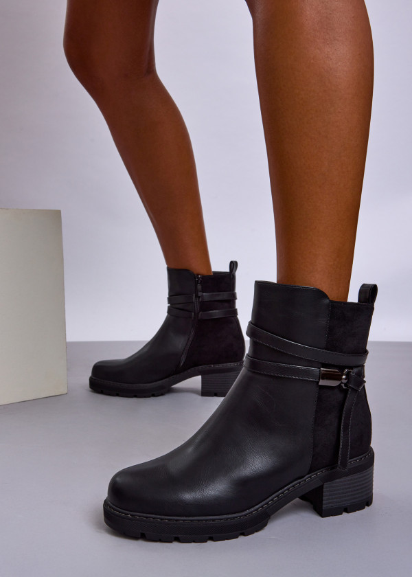 Black Block Heel Ankle Boots with Strap Detail 1