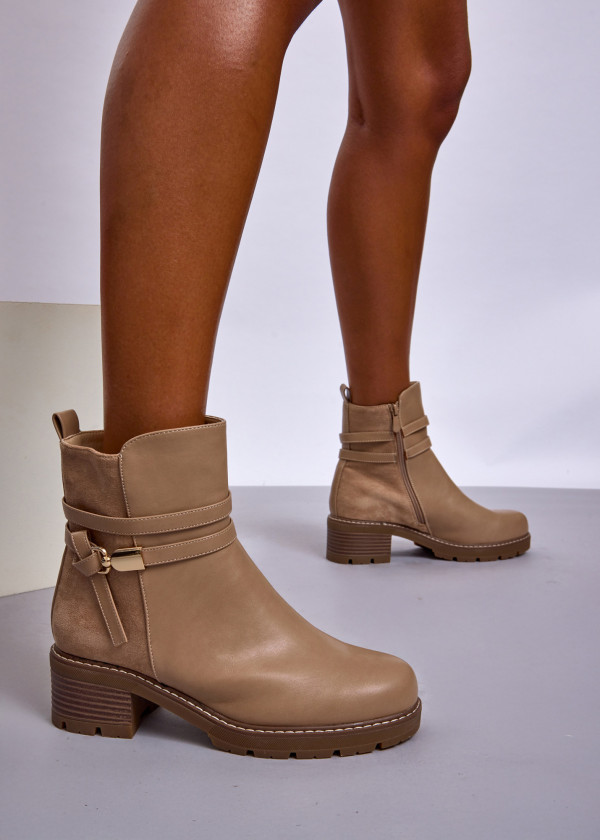 Khaki Block Heel Ankle Boots with Strap Detail