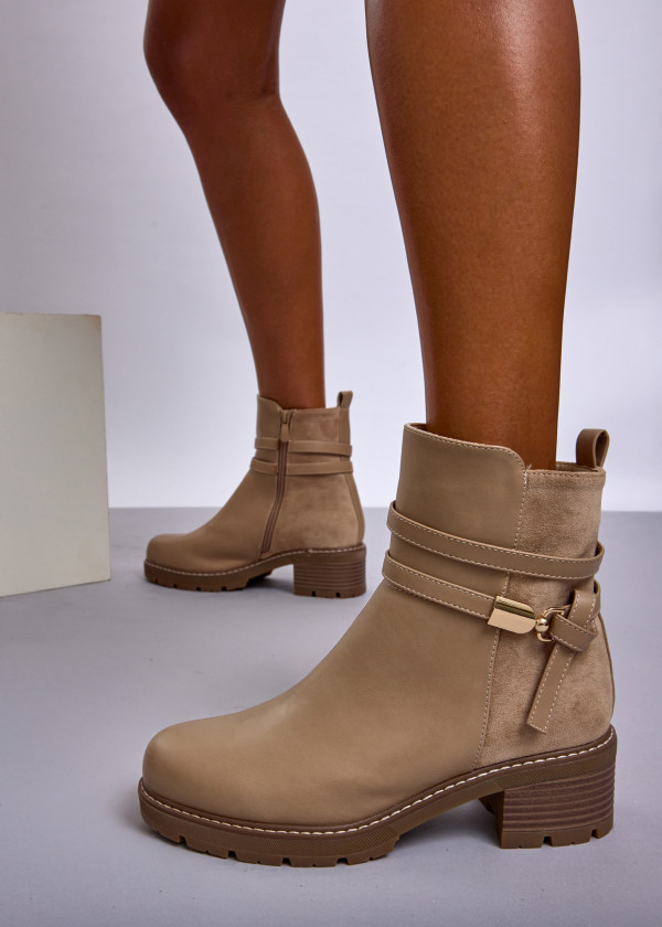 Khaki Block Heel Ankle Boots with Strap Detail 1