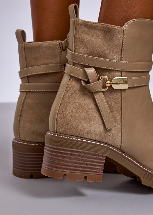 Khaki Block Heel Ankle Boots with Strap Detail 2