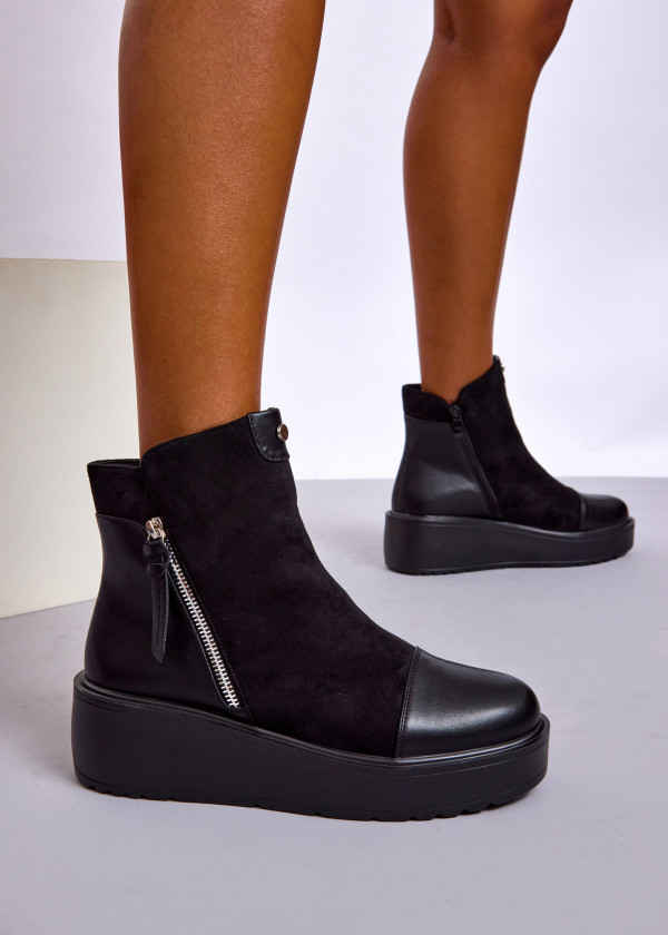 Black Wedge Ankle Boots with Side Zip