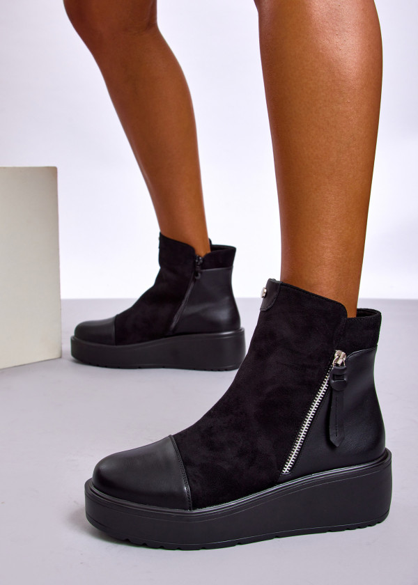 Black Wedge Ankle Boots with Side Zip 1